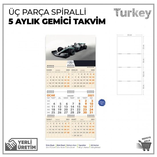 Beş Aylık Gemici Üç Parça Spiralli Takvim